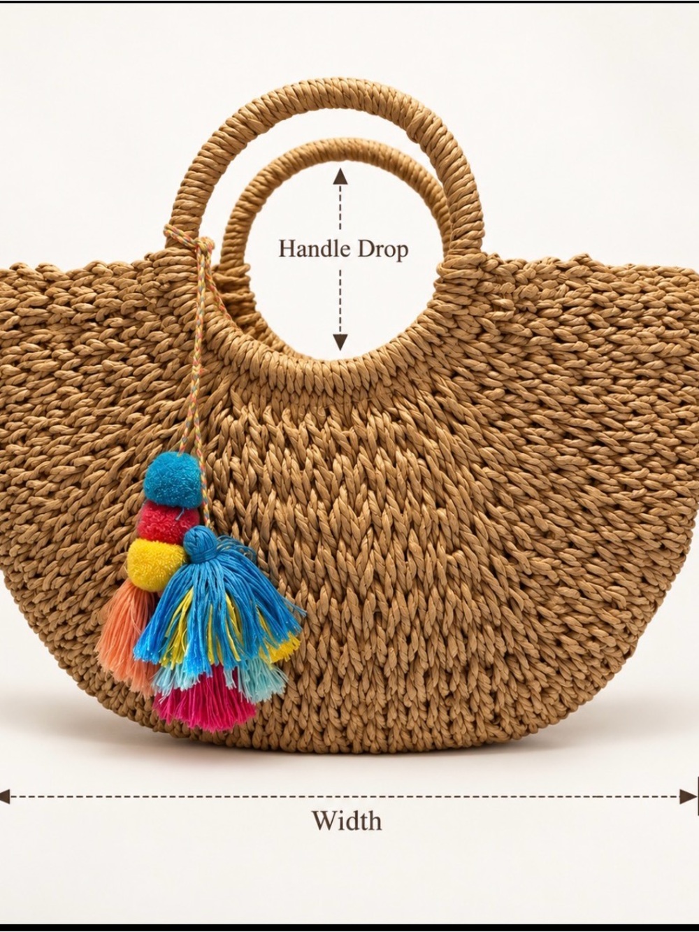 Woven Straw Tote Bag with Colorful Tassel - Natural - Picture 2 of 10